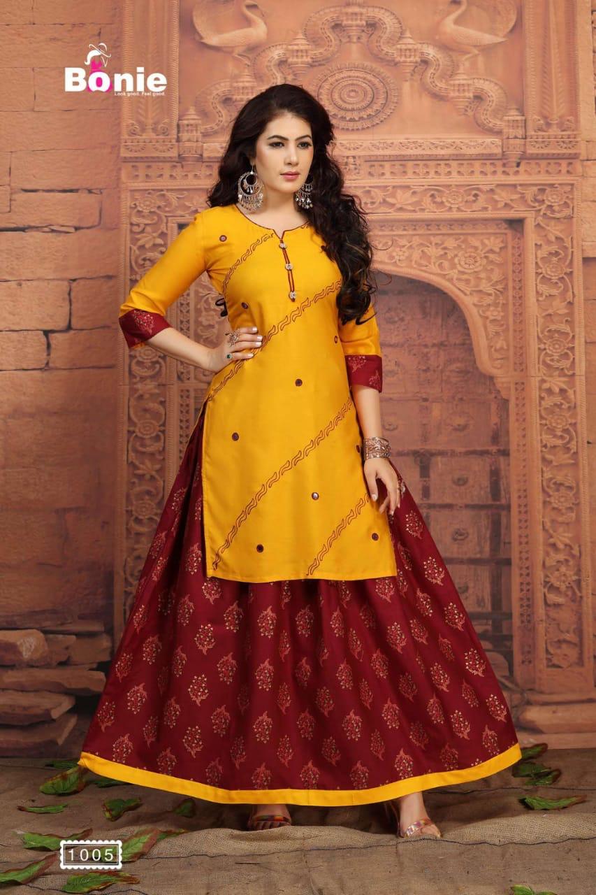 Bonie Shenaz Latest Fancy Regular Wear Rayon Printed Kurtis With  Skirt  Collection 